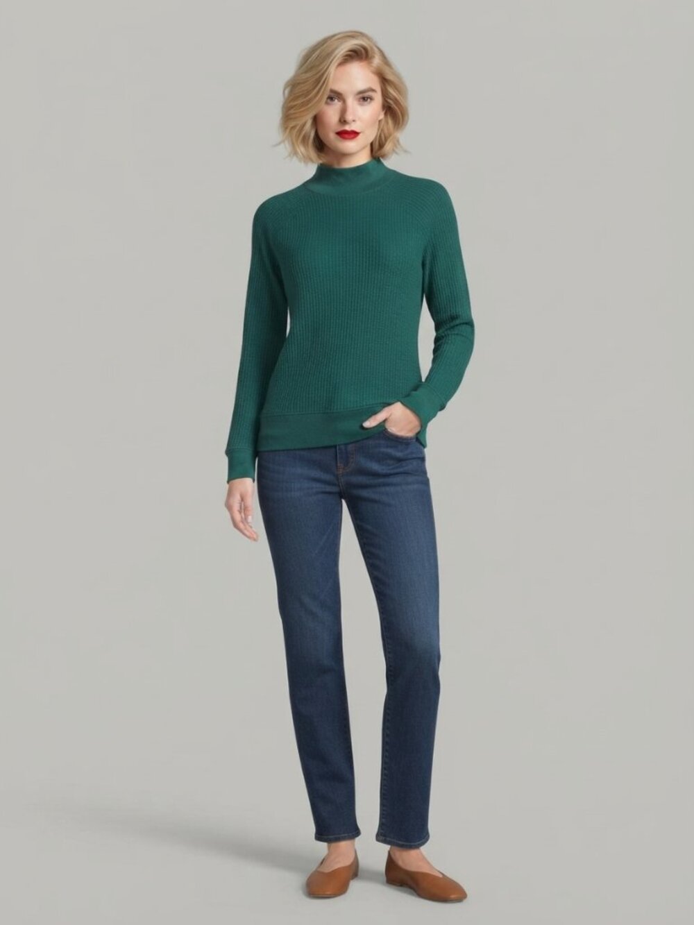 2/$30 Lands' End Waffle-Knit Raglan Mock Neck Sweater Emerald Green Small #A4806